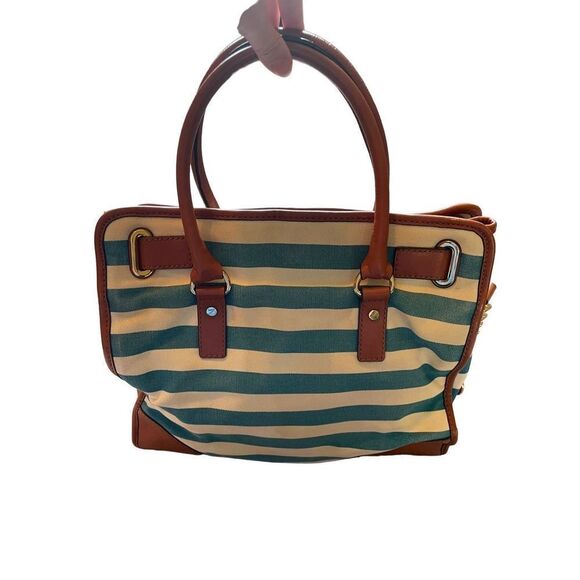 NWOT VINTAGE Blue/cream Stripe, camel leather, gold details Michael Kors Purse - Picture 2 of 8